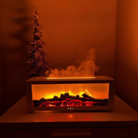 Faux fireplace with glowing logs and smoke effect in a dimly lit room.